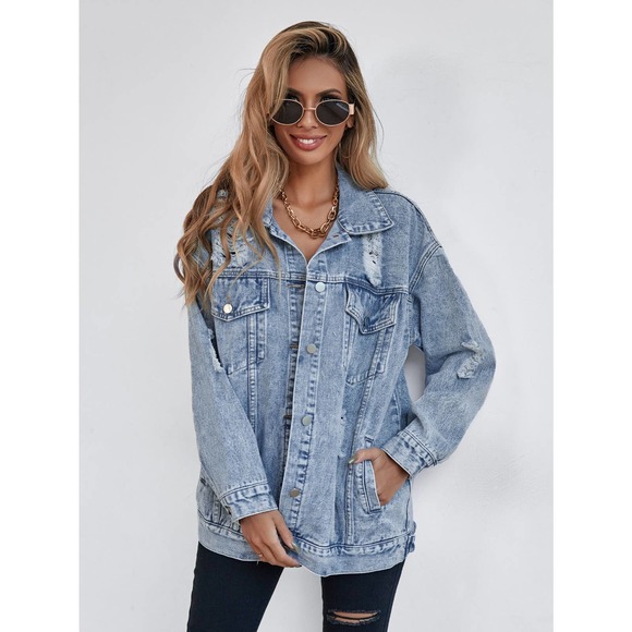 Oversized distressed ripped Front Flap Pocket Drop Shoulder Denim jean Jacket - Picture 6 of 8